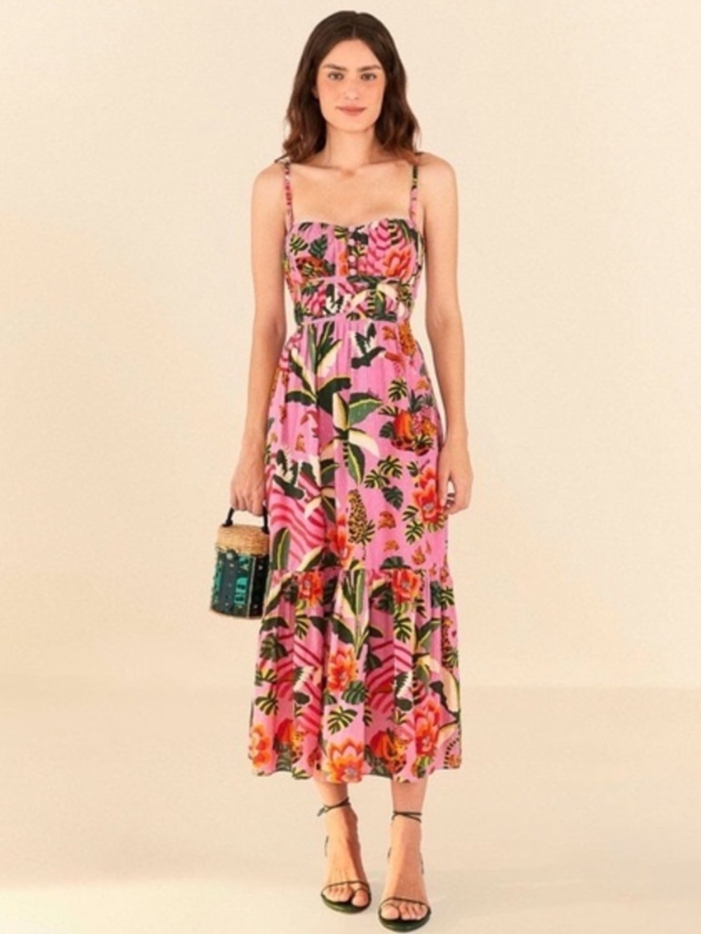 🐅Farm Rio for Anthropologie Pink Forest Print Midi Open Back Summer Dress Large - Picture 2 of 11